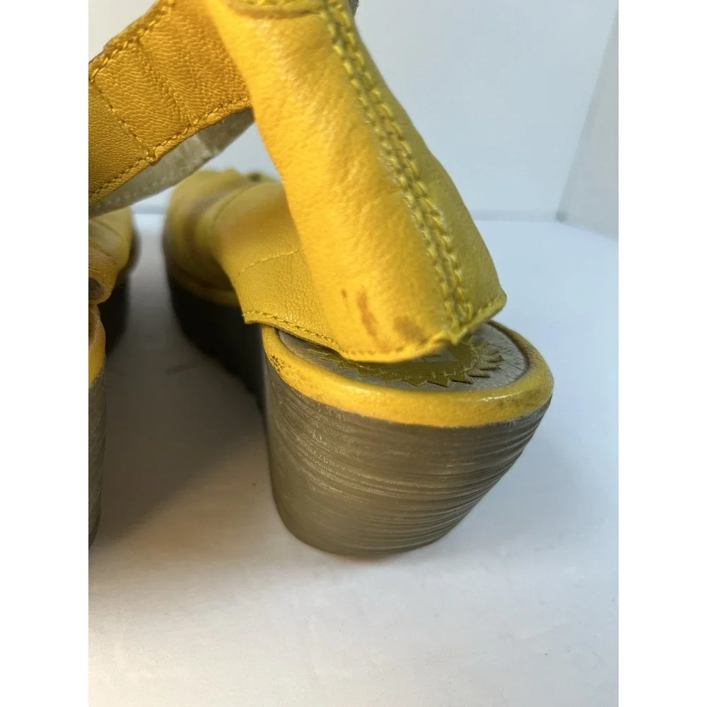 Fly London Yala Wedge Sandals Yellow Leather Peep Toe Ankle Strap Size 38